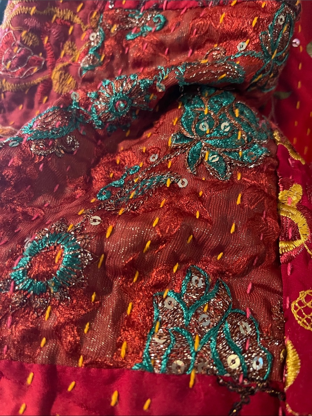 Red Patchwork Kantha Quilted Jacket with Embroidery XL-1X Kantha Jacket - Picture 7 of 15